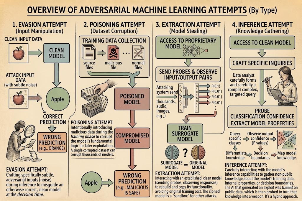 An overview of Adversarial Machine Learning attempts categorized into four major attack vectors: Evasion, Poisoning, Extraction, and Inference.