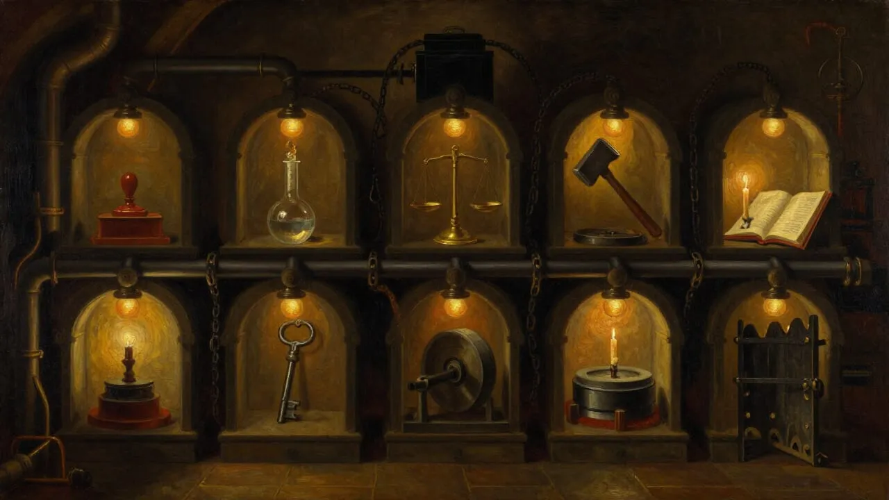 Eight chambers in sequence connected by pipes and belts, each lit by a single amber light source and containing a distinct object: a wax seal press, an alchemist's bubbling flask, a brass balance scale with two exits.