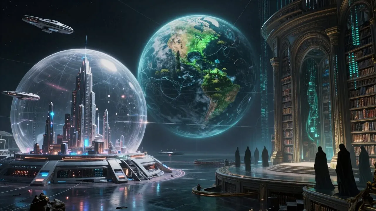 A vast sci-fi scene inspired by Isaac Asimov’s Foundation universe: on the left, the First Foundation on Terminus, a sleek futuristic city under a transparent dome, glowing with advanced technology and starships; on the right, the hidden Second Foundation represented by shadowy figures in a vast ancient library on Trantor, surrounded by data streams and subtle psychic energy; in the centre background, Gaia as a living planet, covered in lush forests and oceans, glowing with a soft green consciousness, faint neural patterns connecting all life; the three elements connected by faint lines of light symbolising influence and control.