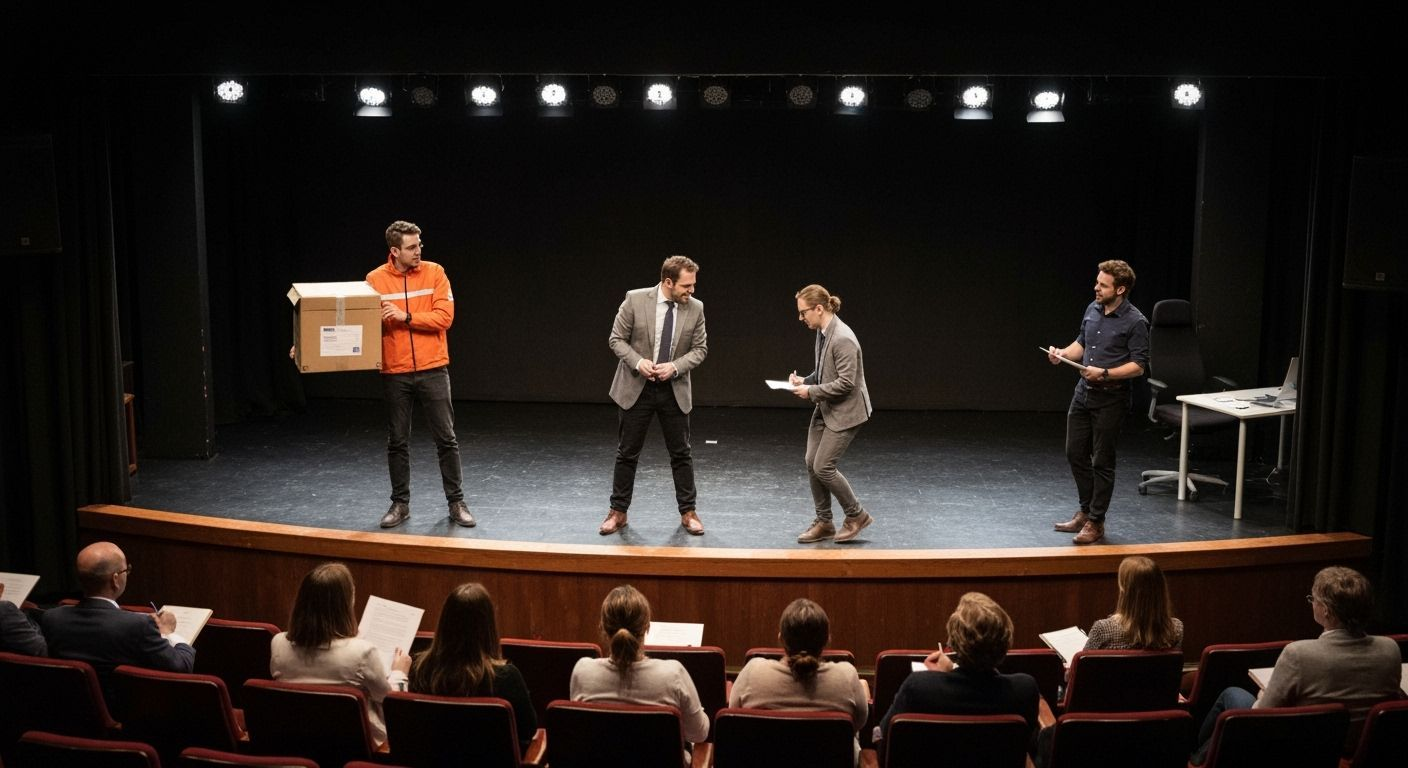 A theatre stage with actors demonstrating social engineering tricks: one dressed as a delivery person with a suspicious package, another pretending to be IT support. The audience (office staff) watches, taking notes.