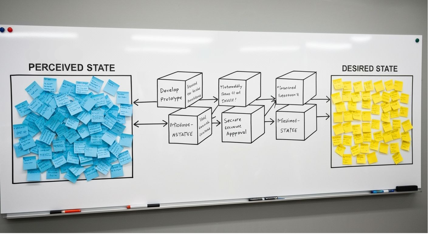 A wall-sized whiteboard displaying a backward planning process diagram. On the left, a box labeled "Currently Perceived State" is filled with extremely chaotically placed blue sticky notes with scribbles. On the right, a box labeled "Desired State" is filled with much less chaotically placed yellow sticky notes with scribbles.
