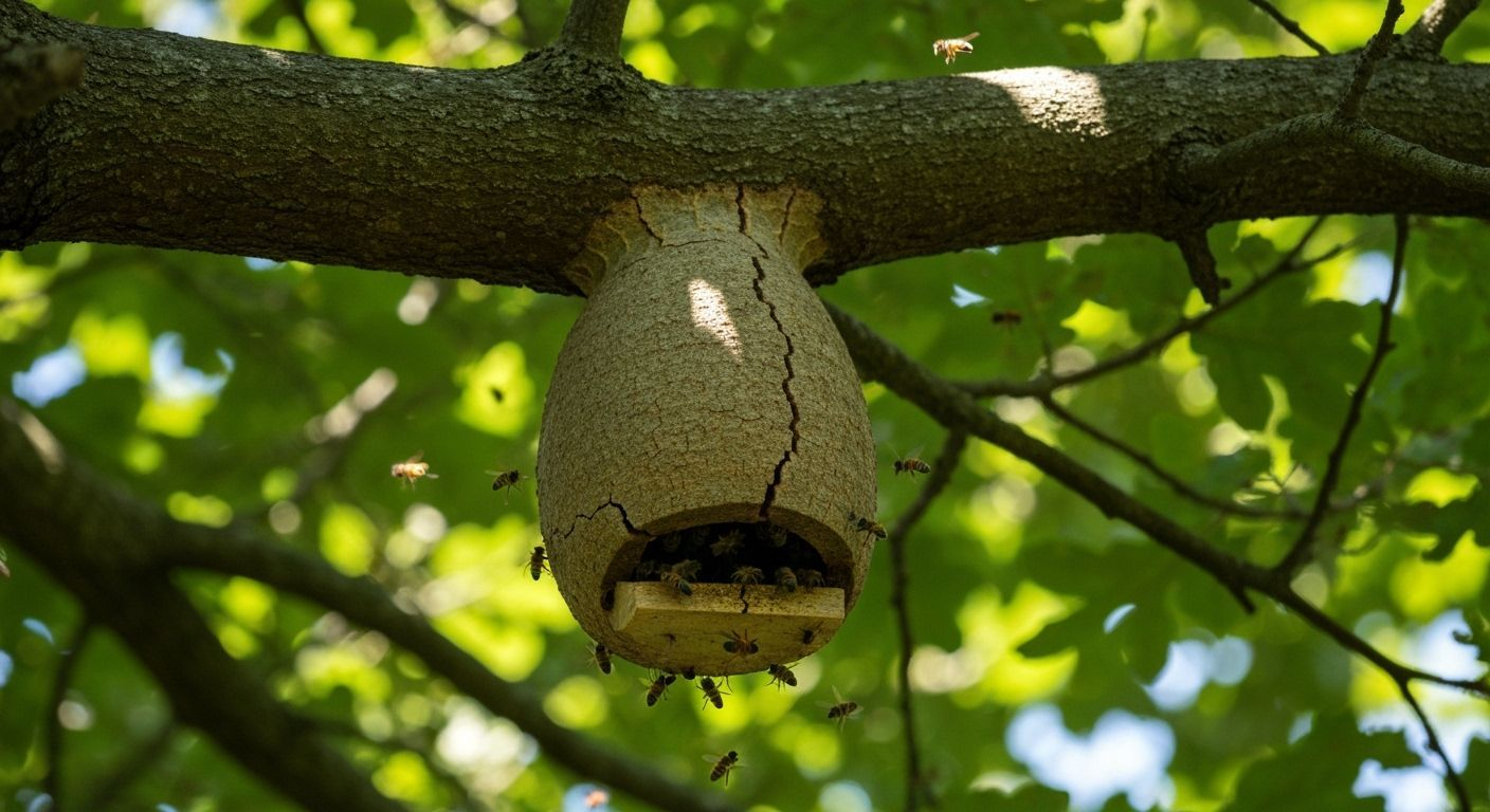 A natural beehive hanging under a thick branch of an old oak tree, bees entering and leaving the small opening, sun filtering through leaves, some pollen-laden bees returning.
