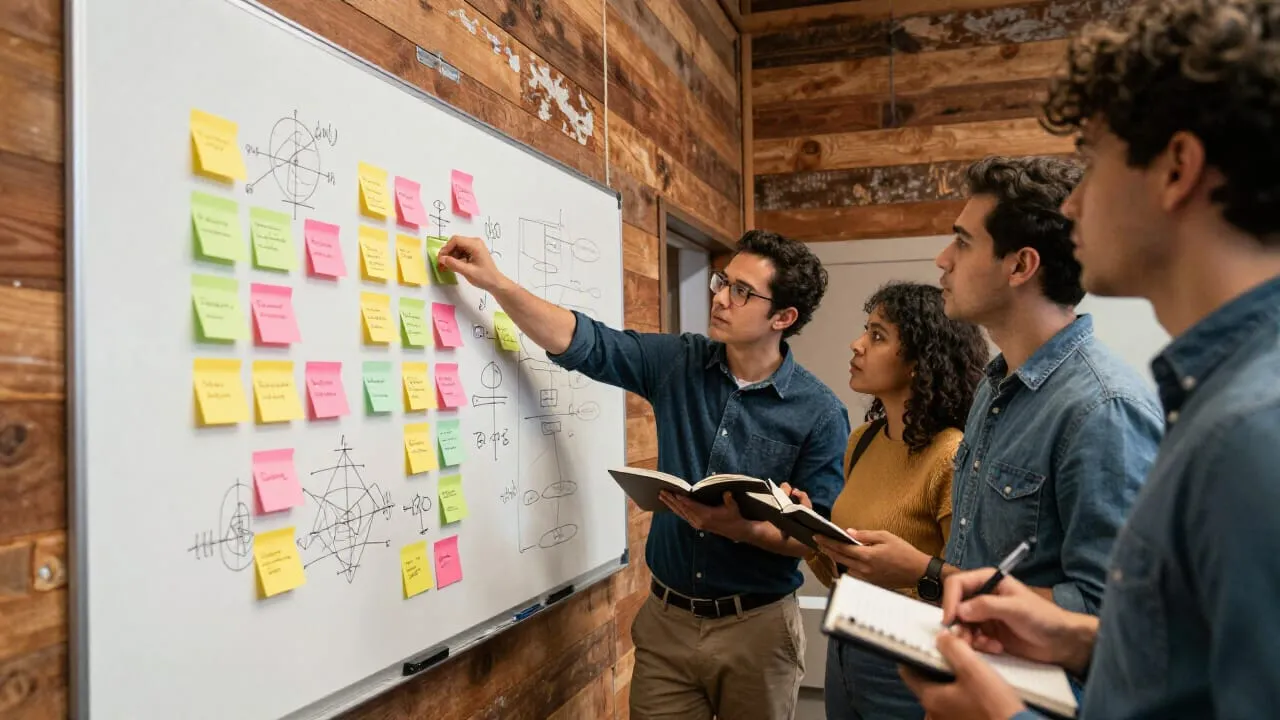 A small group stands around a whiteboard covered in sticky notes and diagrams. One person points at a cluster of notes while others lean in, notebooks open. The atmosphere is focused and slightly chaotic in a productive way.