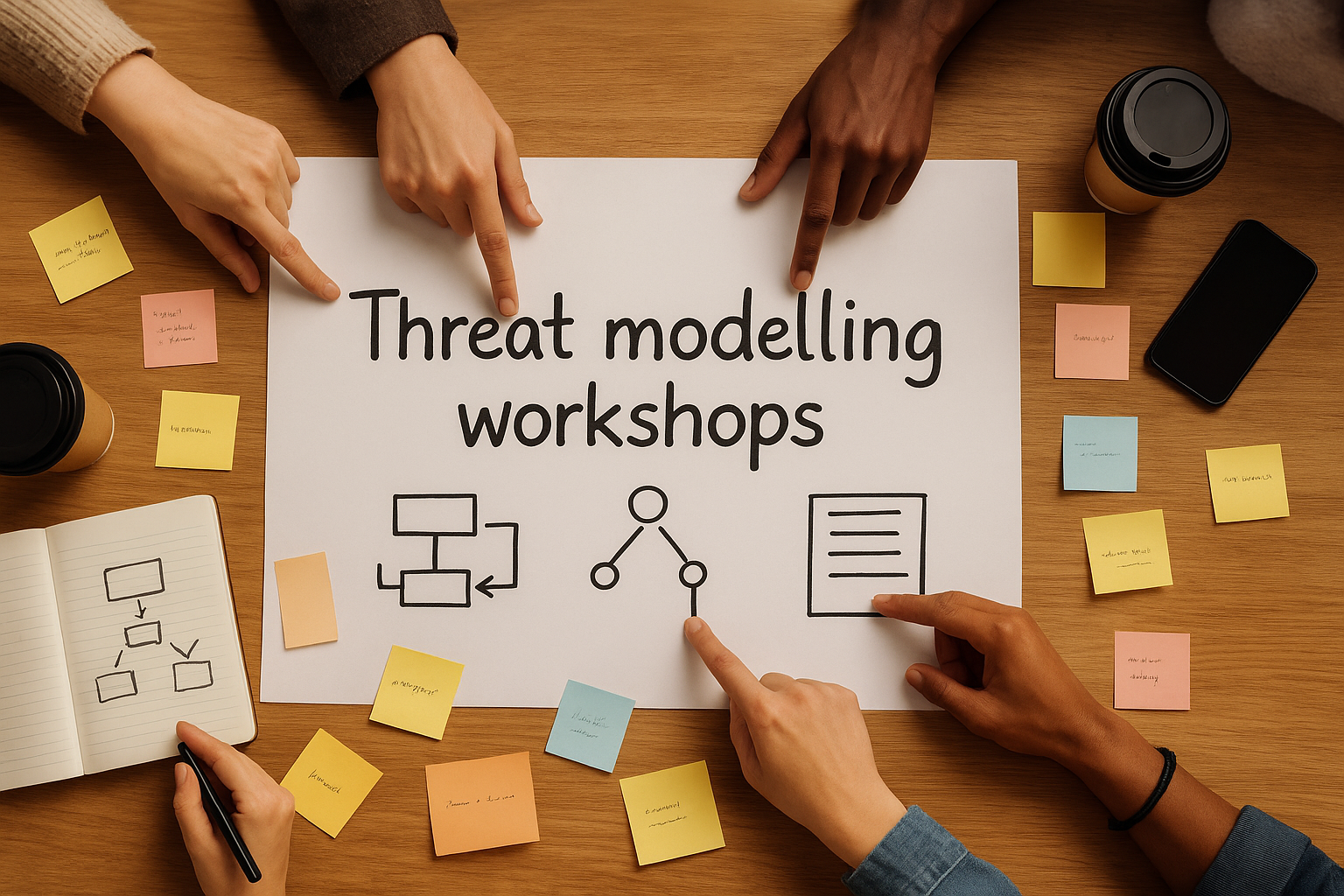 A startup-style workspace with open laptops, sticky notes, and half-empty coffee mugs, set against a natural daylight background, in the style of Ash Thorp, Loish, and Simon Stalenhag, with a mix of digital painting and sketching, featuring a whiteboard with "Threat modelling & preparation" scribbled ...