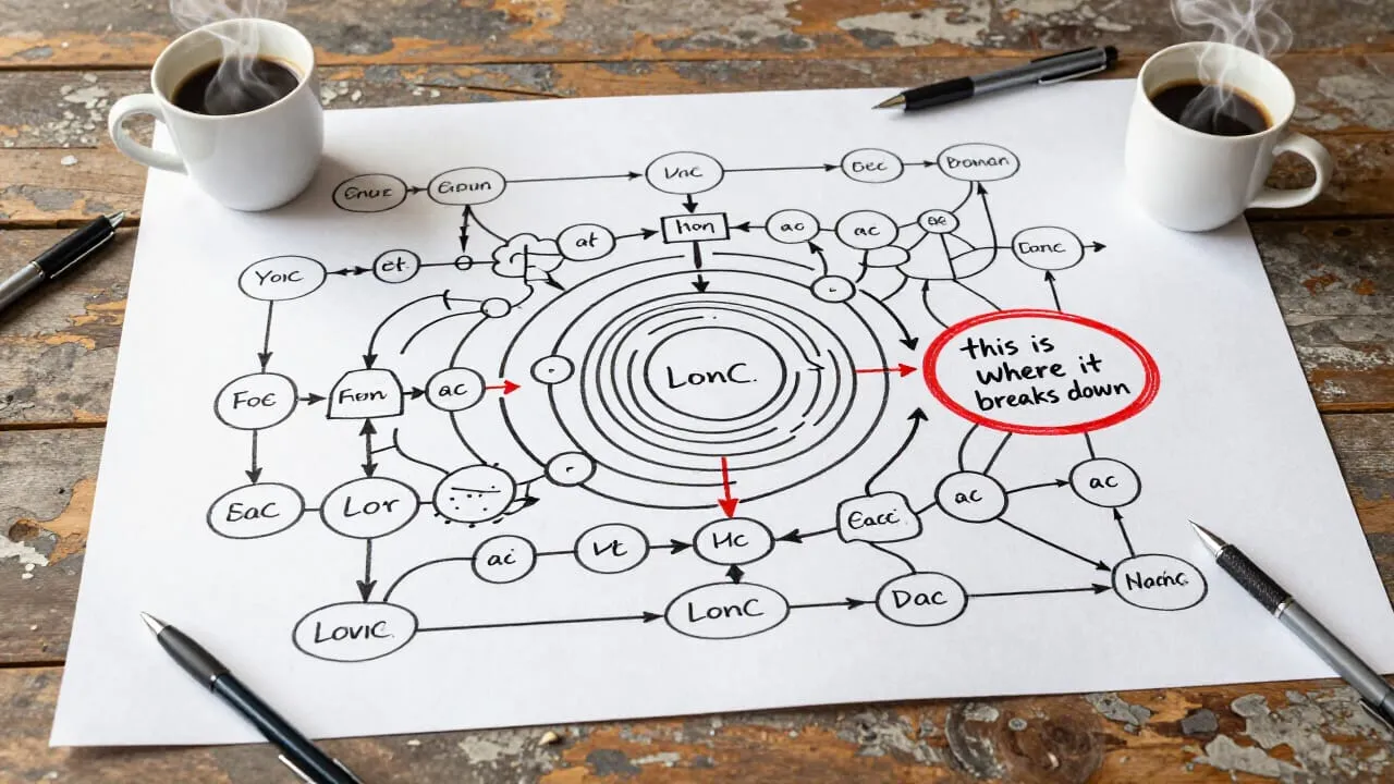 An overhead view of a large diagram spread across a table, showing interconnected nodes, feedback arrows, and annotated loops. Coffee cups and pens are scattered around the edges. Someone has circled one loop in red and written "this is where it breaks down".