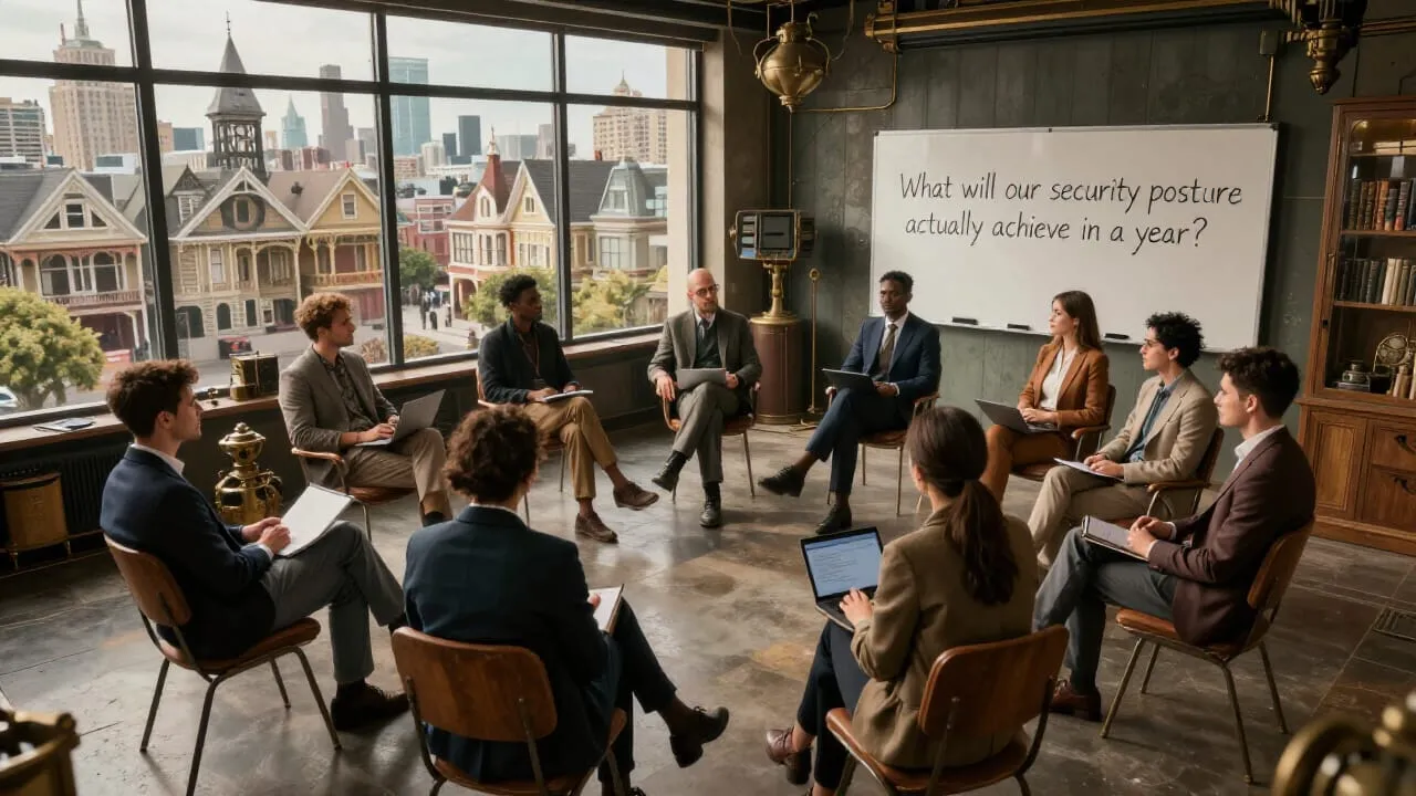 A circle of chairs in a room with large windows. The chairs are occupied by a diverse group of people, some leaning forward, some listening carefully. On a nearby wall, someone has written "What will our security posture actually achieve in a year?" in large letters.