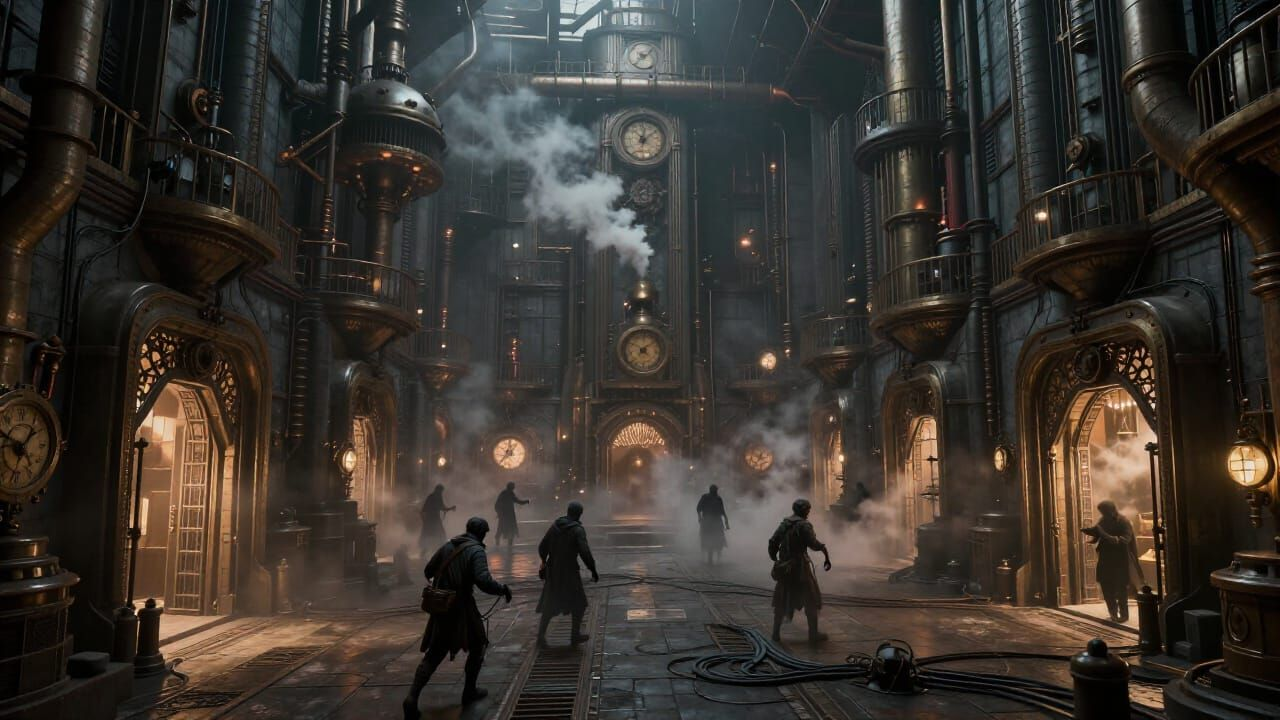 A steampunk factory fortress under attack, dark ghostly figures slipping through side gates, saboteurs tampering with pipes and control panels, exposed cables and weakly guarded access points, steam and smoke obscuring movement, clockwork systems strained.