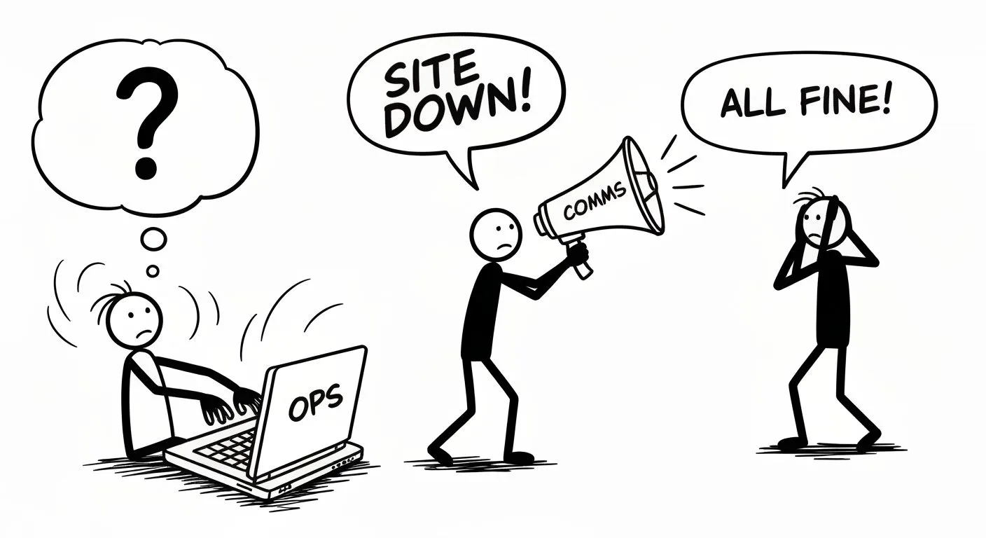 Stick figure scene showing communication chaos during a live simulation. One stick figure is typing wildly on a laptop labeled 'OPS'. Another is speaking into a megaphone labeled 'COMMS' while a third covers their ears. Speech bubbles contain conflicting messages: 'SITE DOWN!' and 'ALL FINE!'.