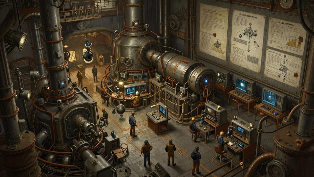 Bird’s-eye cutaway of a resilient factory fortress showing all layers: assets, networks, sensors, redundant systems, personnel executing recovery plans, logs and continuity plans pinned on walls, attack scenarios represented visually.