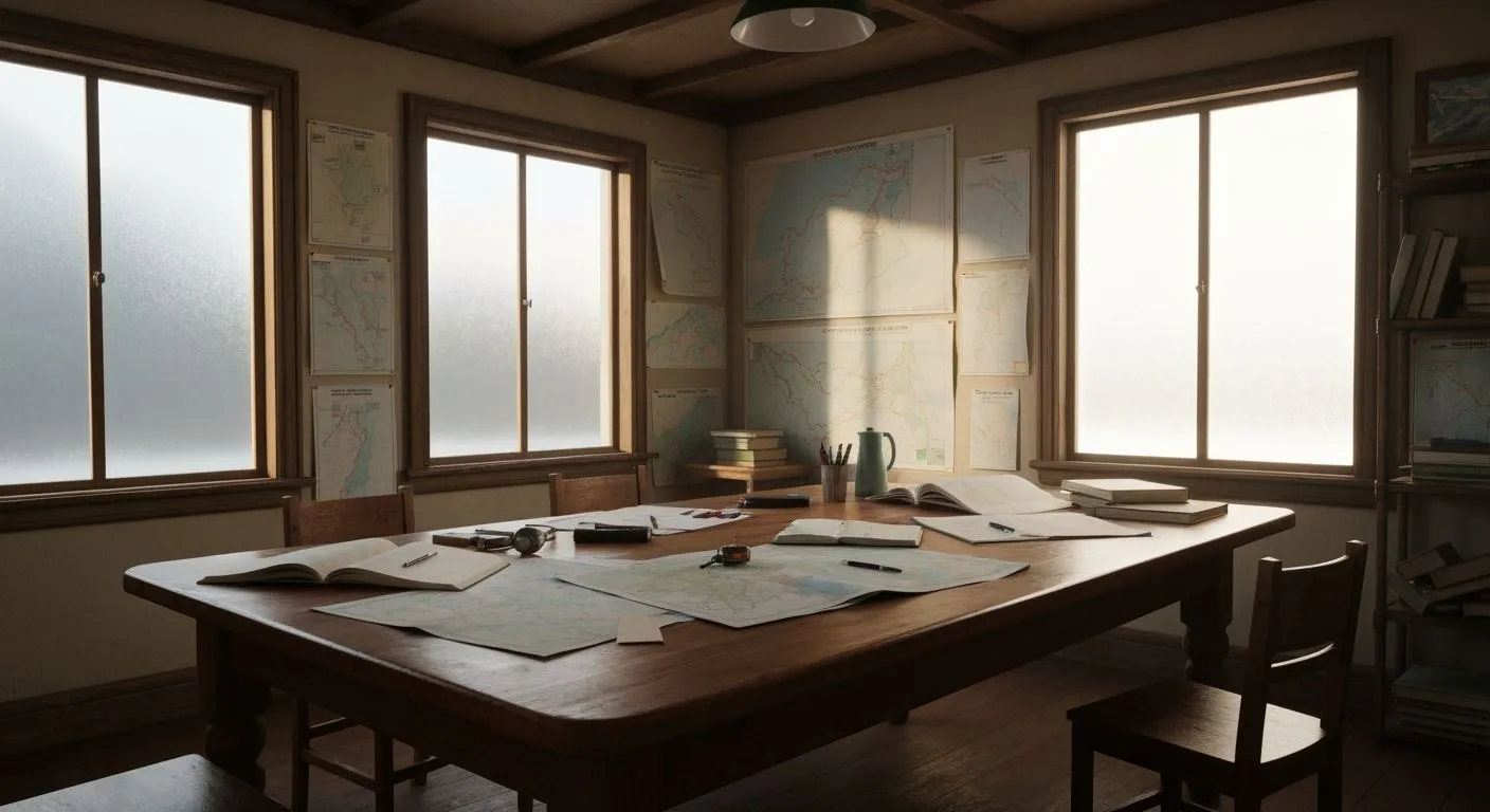 Interior of a mountaineering expedition command room, large wooden table covered with maps, compasses, and notebooks.
