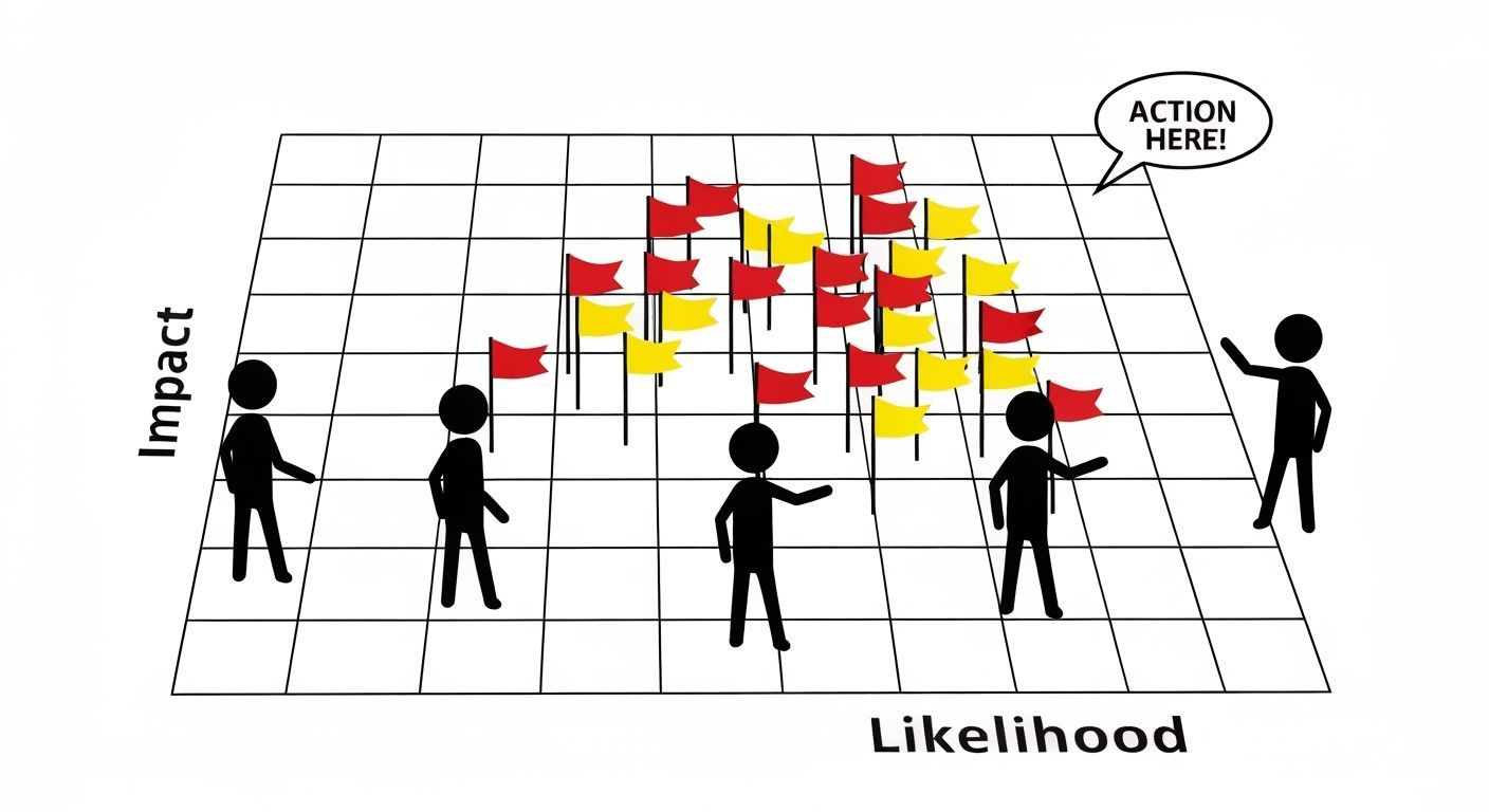 A stick figure team placing red and yellow flags on a large grid. The Y-axis is 'Impact'. The X-axis is 'Likelihood'. They are clustering most of their flags on the high-impact, likely quadrant. One stick figure is gesturing toward that cluster with an 'Action Here!' speech bubble.