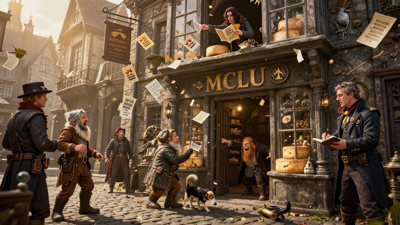 Chaotic scene outside a cheese shop disguised as an MCLU basement entrance. A dwarf, a troll, and a vampire argue heatedly. From a second-floor window, a human throws pamphlets towards passersby, the papers drifting like leaves.