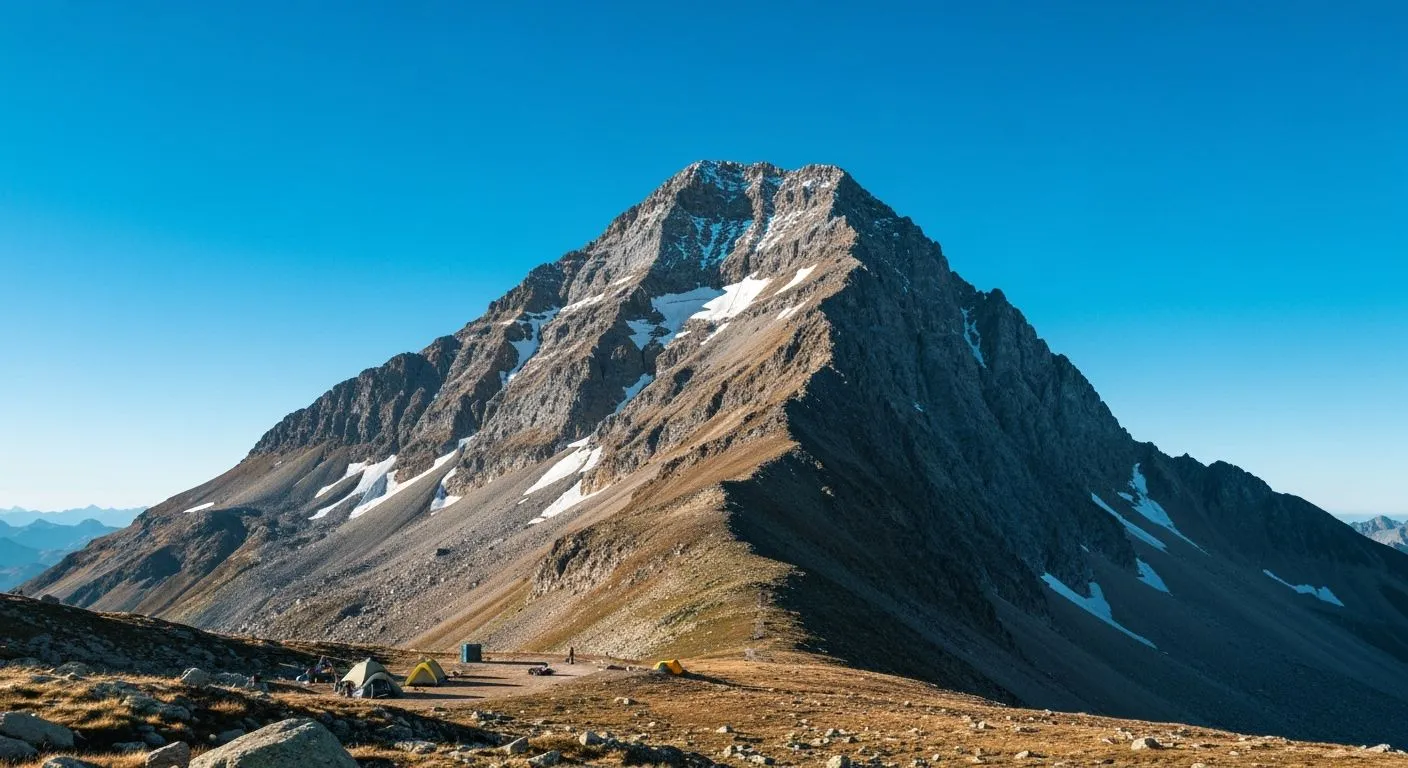 Single alpine mountain, rugged slopes, detailed rock textures, subtle snow patches, small base camp near base.