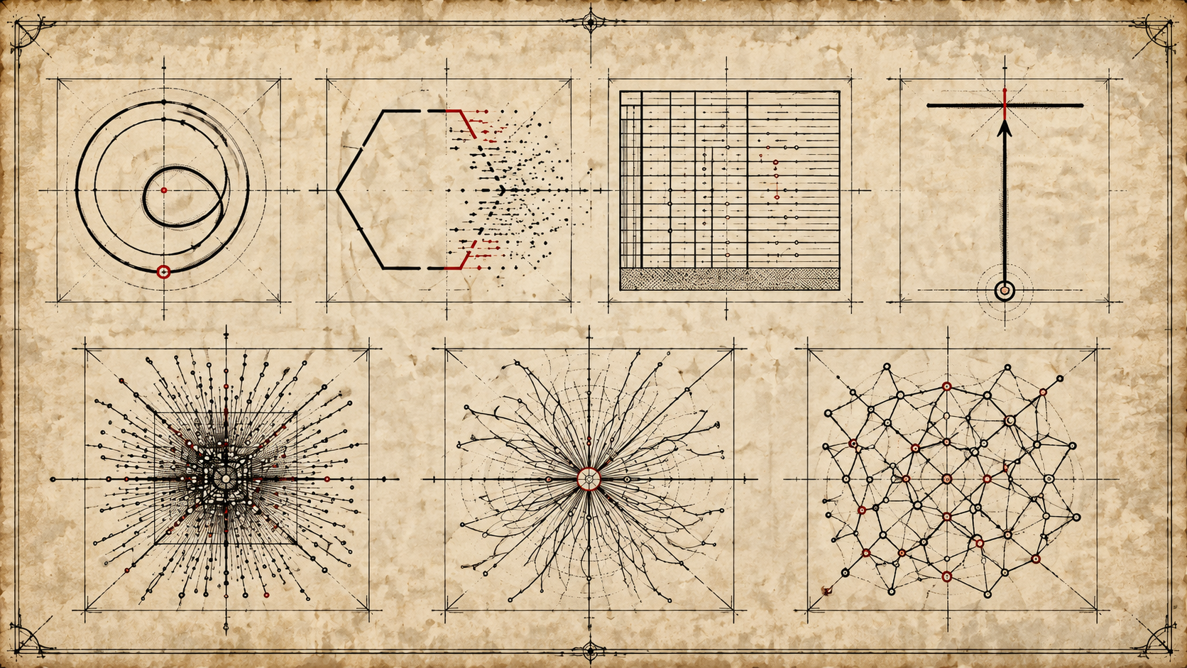 Seven technical drawings inked on aged parchment, arranged in two rows like plates from an old engineering manual. Top row: a closed loop of concentric circles with one point marked in red; a chevron opening onto a gradient of dots that scatter and thin toward the right, with red marks at its edges; a ruled ledger of columns and rows with small red entries; a vertical arrow rising toward a horizontal bar and stopping just beneath it. Bottom row: a dense burst of lines radiating from a central square, like people leaving through a door; a spiral of fine tendrils reaching outward from a single hub in every direction; a mesh of nodes joined in every direction with no centre, some nodes marked red. Each plate is framed by faint construction lines.