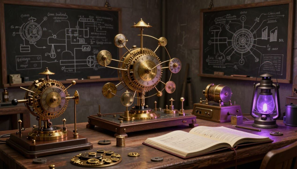 A steampunk workshop mid-preparation: chalkboards covered in half-erased diagrams, clockwork models of networks, brass instruments calibrated but not yet in use. A purple lantern casts light across open notebooks and simulation tokens.