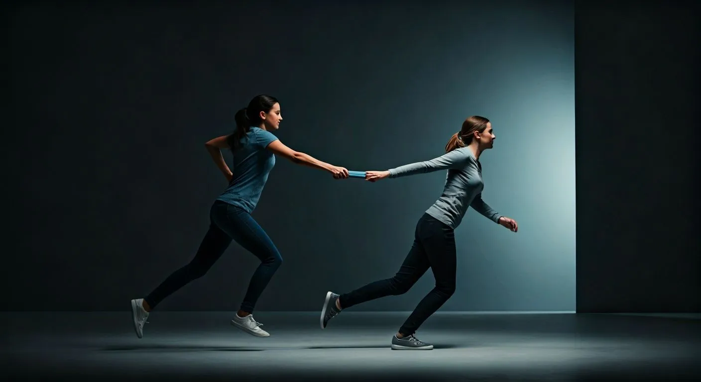 Multi-skilled team development depicted as a relay race: one runner passes a USB stick to another runner BEHIND her.