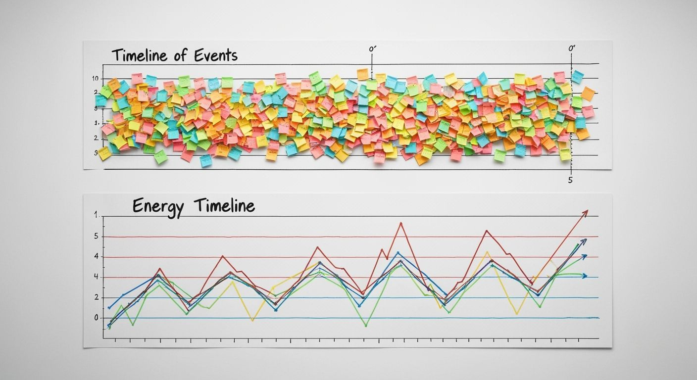 A large, realistic diagram drawn on a white wall. The top half is a horizontal timeline handwritten labeled 'Timeline of Events', filled with a dense cluster of multi-colored sticky notes. The bottom half is a chart hand-written titled 'Energy Timeline', featuring seven horizontally distinct, hand-drawn, squiggly lines, each in a different colour, showing dramatic rises and sharp falls. The style is photorealistic, with sharp focus on the detailed textures of the paper and ink.