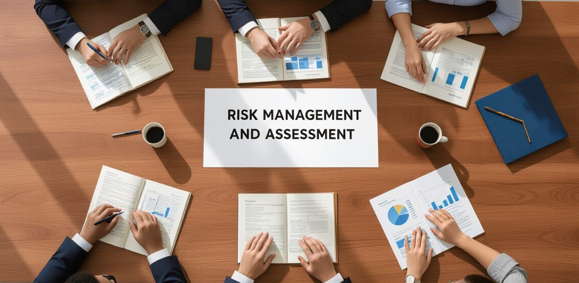 A wooden table is strewn with open notebooks, pens, printed reports, and a folder. The folder’s cover reads “Risk management and assessment”.