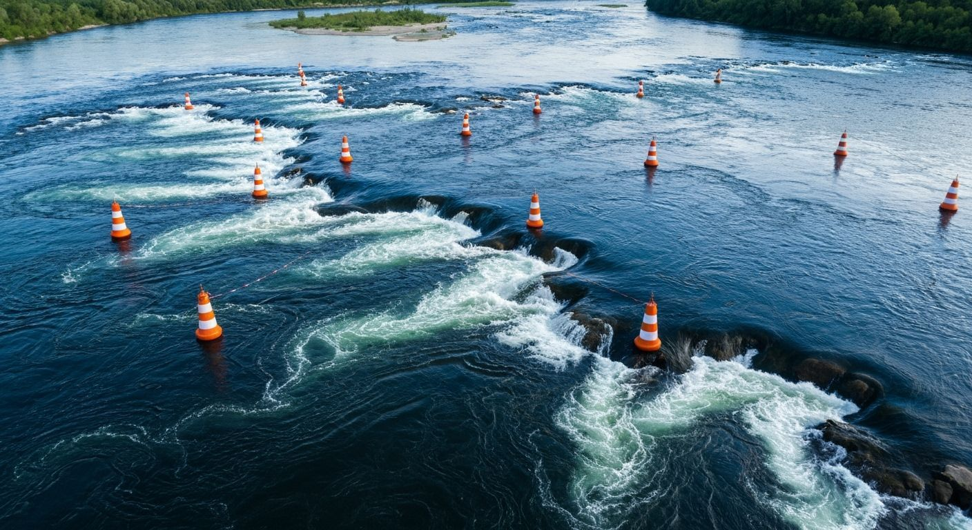 Aerial view of a wide wild river with side branching paths and warning buoys marking currents and hazards.