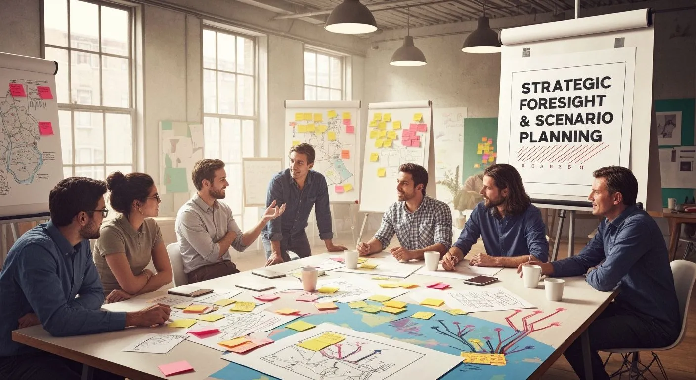 A large, wooden table dominates the center of a modern, sunlit co-working space, adorned with hand-drawn maps, vibrant flip charts covered in colourful sticky notes, and team members dressed in casual, yet professional attire, leaning over in engaged discussion, surrounded by large windows flooding ...