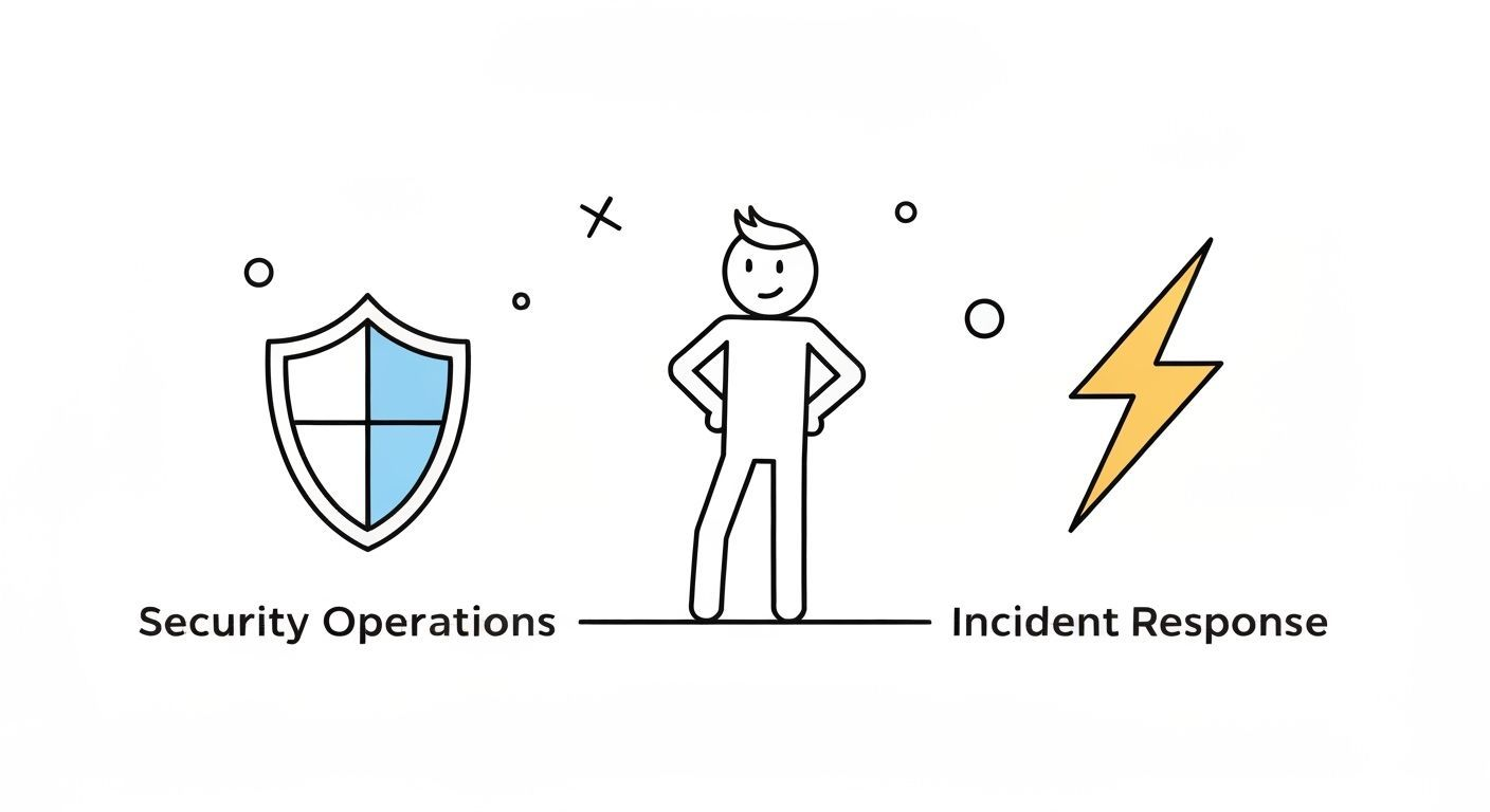 A clean, minimalist illustration of a simplest stick person standing between two simple icons: a shield representing security operations and a lightning bolt representing incident response. The stick person is connecting the two with a confident stance, as if bridging the gap.