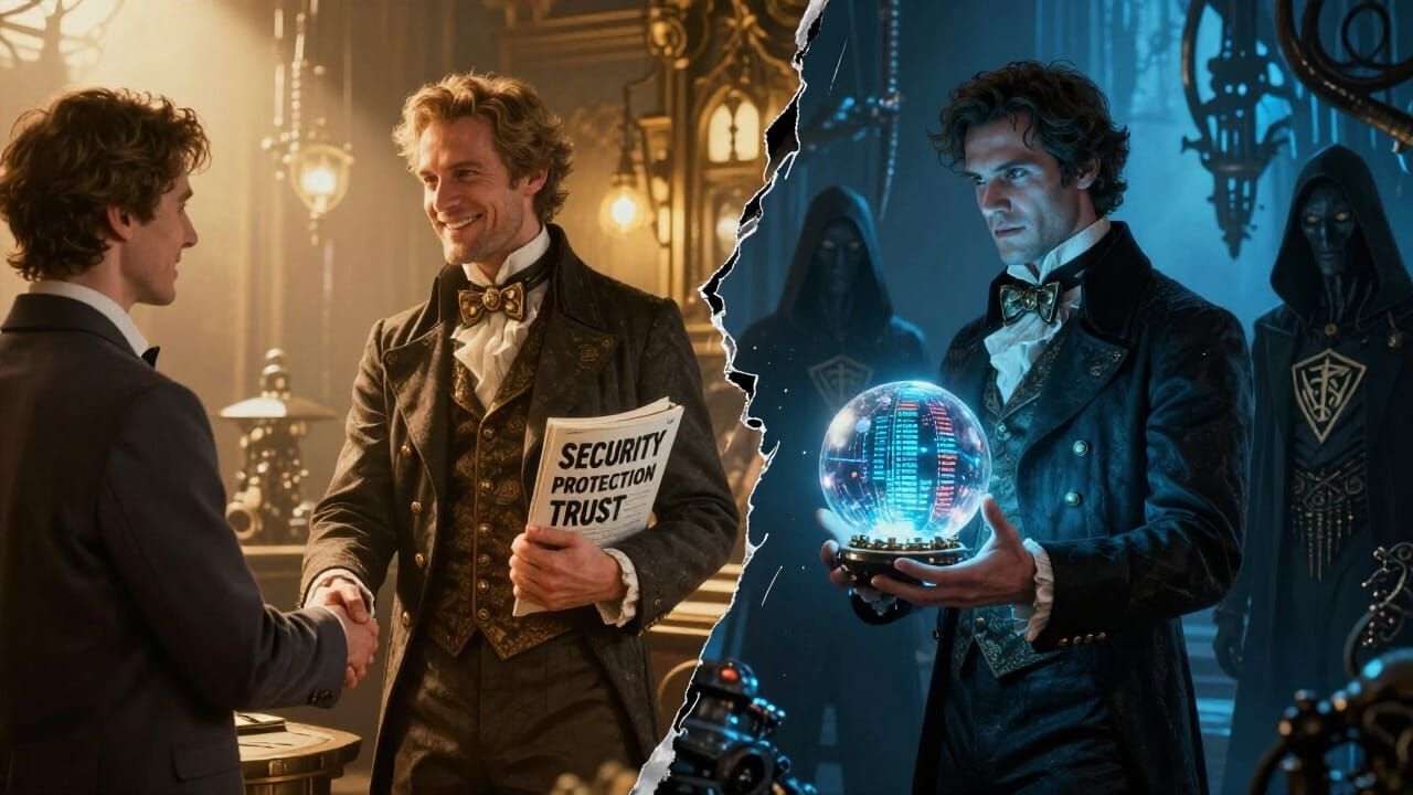 Two steampunk scenes, divided by a jagged rip in reality. Left: A smiling cloud provider executive in ornate Victorian attire shakes hands with a trusting merchant client, bathed in bright, warm, promotional lighting; brochures display bold text: "SECURITY" "PROTECTION" "TRUST." Right: Through the rip, the same executive, in cold blue lighting, hands shimmering crystal balls of client data to shadowy figures bearing hidden guild insignias.