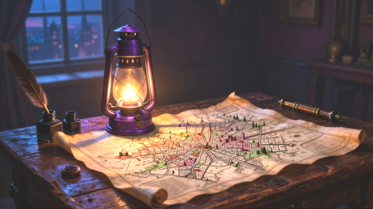 A purple steampunk lantern glowing softly in a dark room, casting light onto a detailed parchment map of the BIG city Ankh Morpork with its many districts spread across an old big wooden table. Ink pots, quills, and sealing wax beside it.