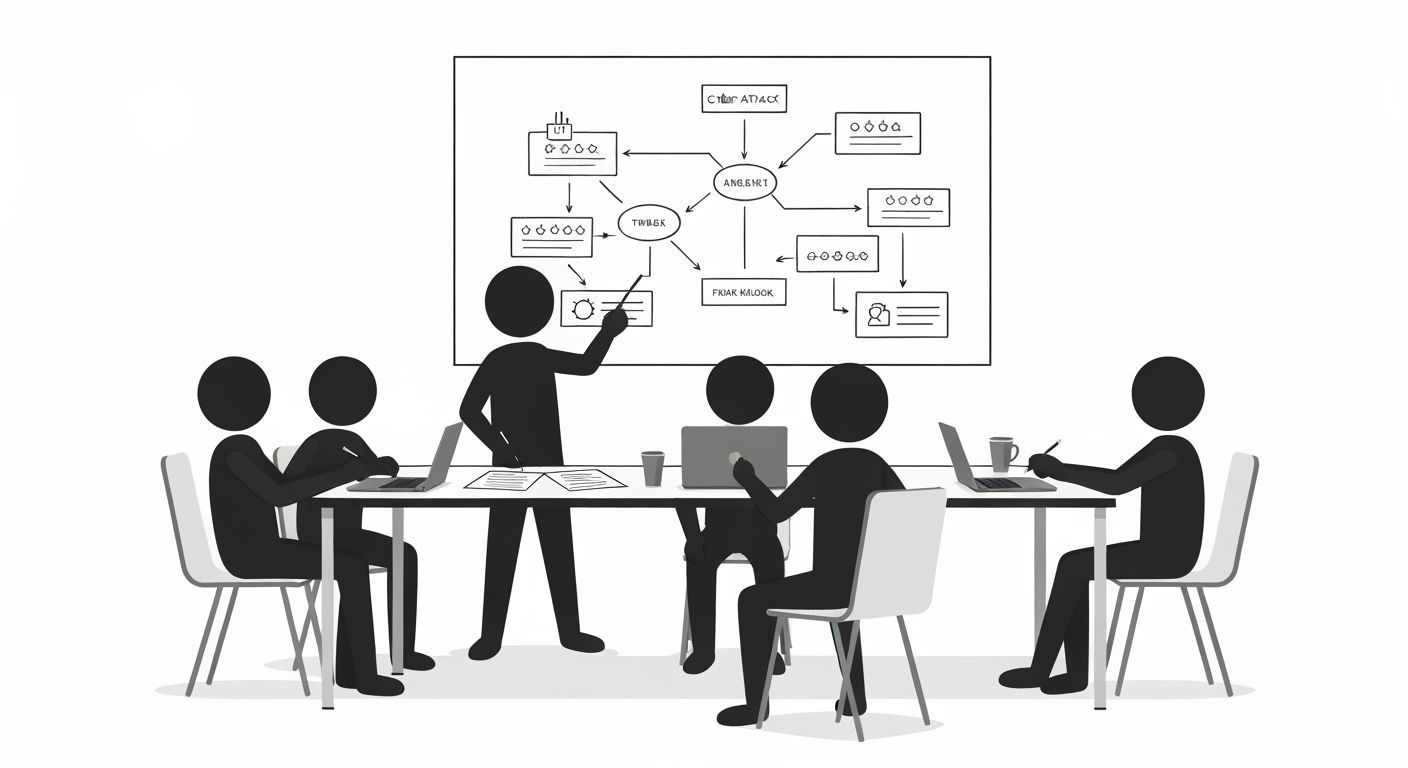 Stick-figure team gathered around a table with laptops and papers, one figure pointing at a large stick-diagram of a cyber-attack flow, others taking notes.