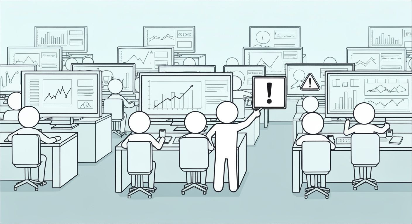 Stick figures sitting at rows of stick-figure screens with graphs and alert icons, one figure pointing at a screen with an exclamation mark.