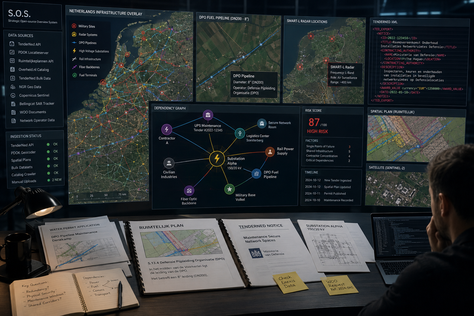 A realistic intelligence-analysis workspace visualising a Dutch infrastructure dependency correlation system called “S.O.S.”. Large geospatial maps of the Netherlands cover transparent layered screens showing military radar sites, fuel pipelines, substations, rail infrastructure, utility corridors, and defence facilities connected through glowing graph relationships.
