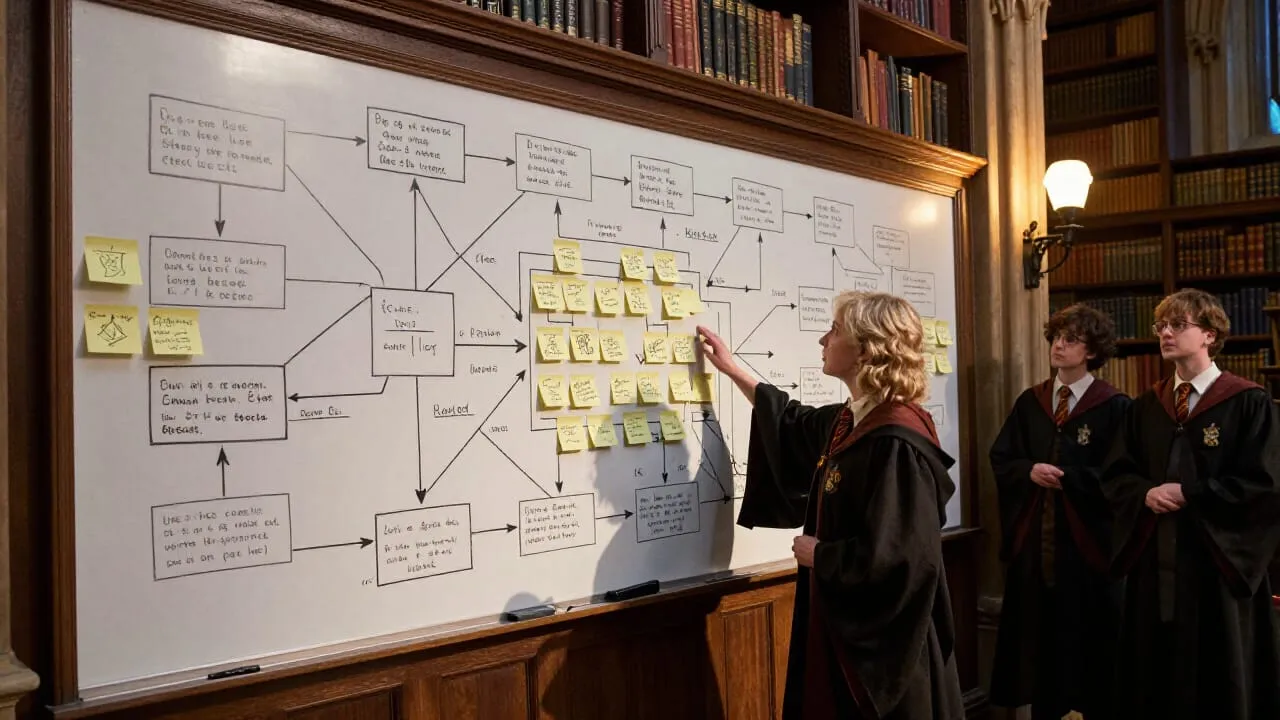 A large whiteboard covered in boxes and arrows, with smaller sticky notes clustering around several of the connections. One person is pointing at a cluster of arrows; two others are standing back looking at the full board.