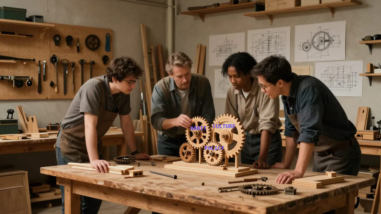 A cluttered workshop with tools on pegboards, half-assembled projects on benches, and hand-drawn charts on the walls. A small group examines a model of interconnected gears and levers. One gear is labelled "policy", another "culture", a third "habit".