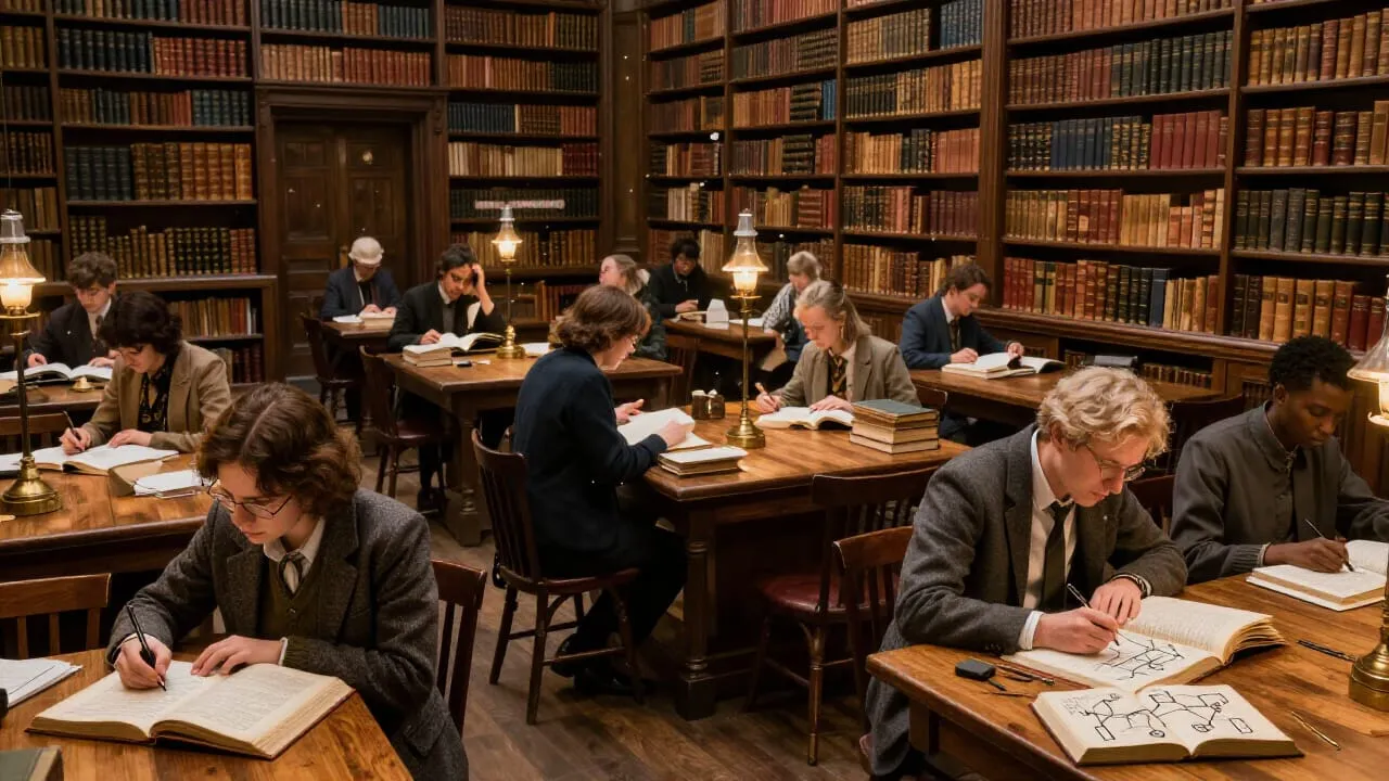 A library with floor-to-ceiling shelves. Several people are at tables with books and notebooks open. Nobody is teaching. One person makes notes in the margin of a page. Another has drawn a diagram connecting several open books. The room is quiet and purposeful.