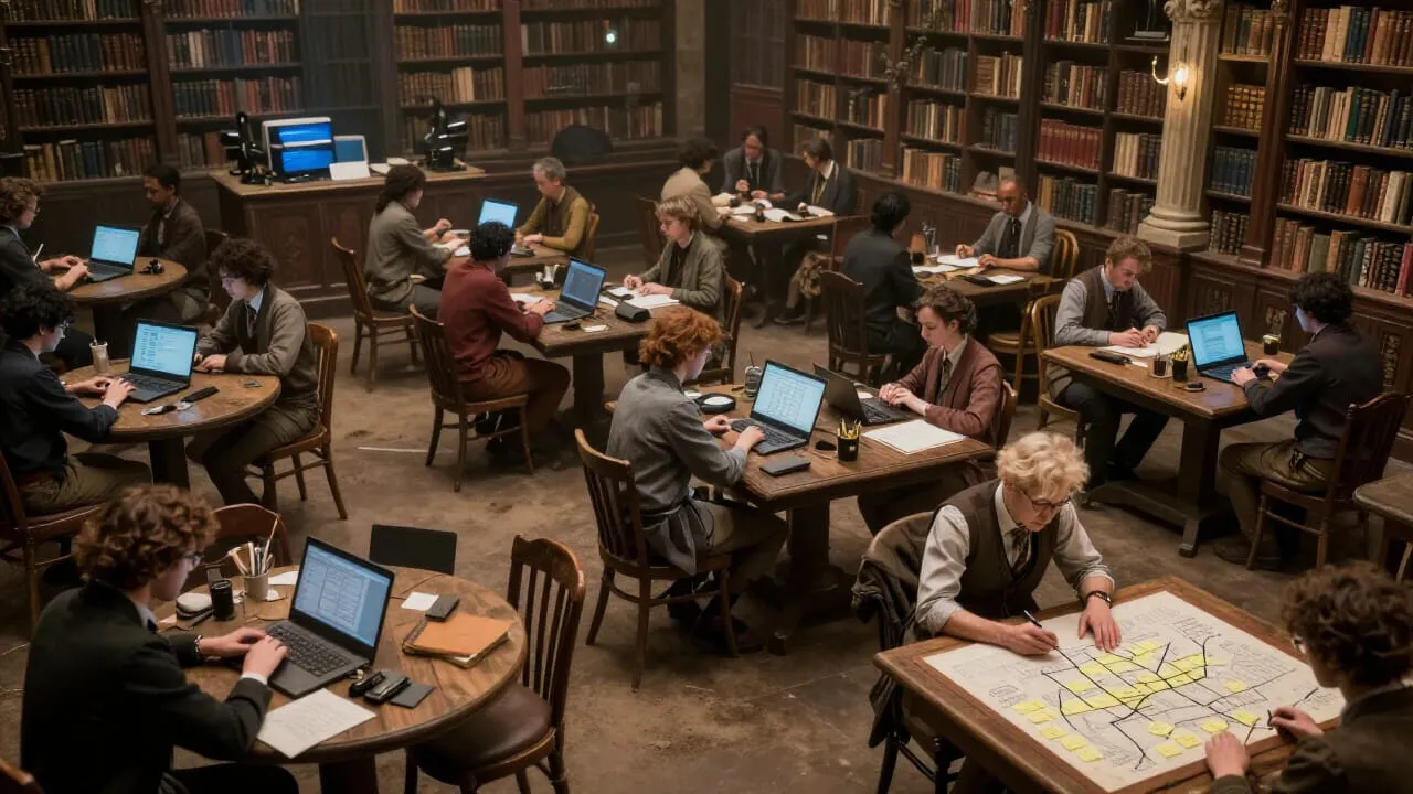 A large room with clusters of low tables and varied seating. Each cluster holds a different kind of work: one has open laptops and terminal windows, another has printed diagrams covered in handwritten annotations, a third has sticky notes arranged into a rough map. Nobody is presenting. Everyone is working.