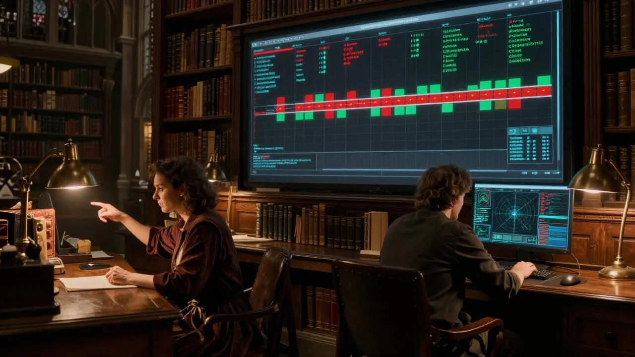 Two people at adjacent workstations, one running an attack simulation, the other watching the detection dashboard in real time. They are talking. The screen between them shows a timeline of events with some highlighted in red and some in green.